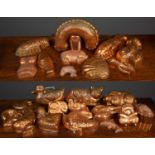 A group of copper moulds to include lobster shaped, fish shaped, rabbit shaped, cat shaped and