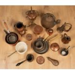 A collection of mostly copper metalware to include a kettle on stand, a hot water urn, a frying pan,