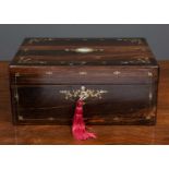 A Victorian coromandel gilt and mother of pearl inlayed jewellery box, 25cm wide, 18cm deep, 11cm