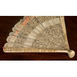 A 19th Century Chinese Carved Ivory fan 17cm in length2 strips with some damage, silk joining thread