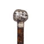 Silver topped walking cane the handle in the form of a walnut, with plaque 'Oliver H Fellows 1900'