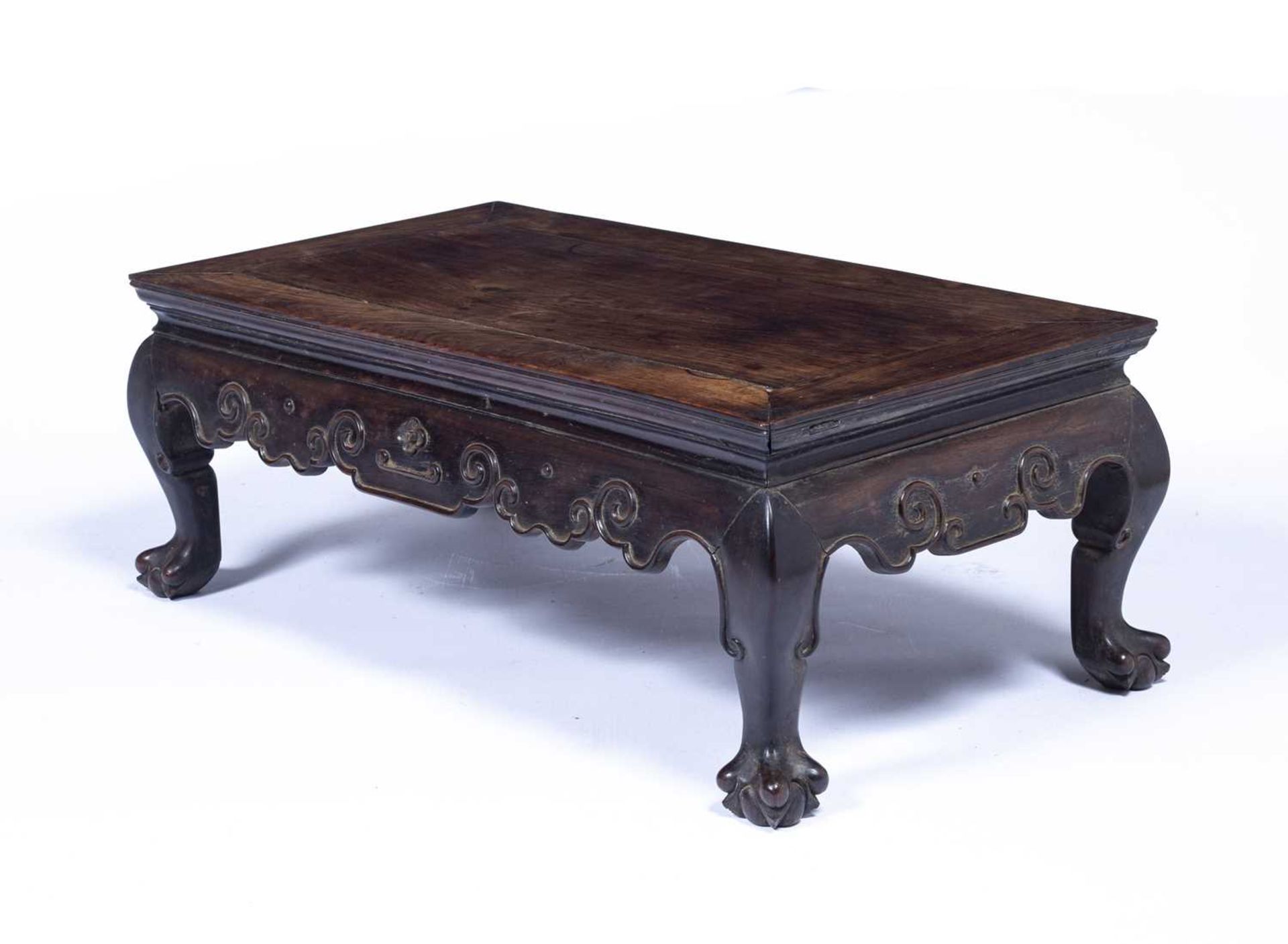 Hardwood carved 'Kang' table Chinese, with a carved under tier with cloud-shaped motifs, 76cm across - Image 3 of 5