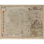 John Speede Antiquarian map of Colchester (Essex) dated 1662, with hand coloured detailing, in