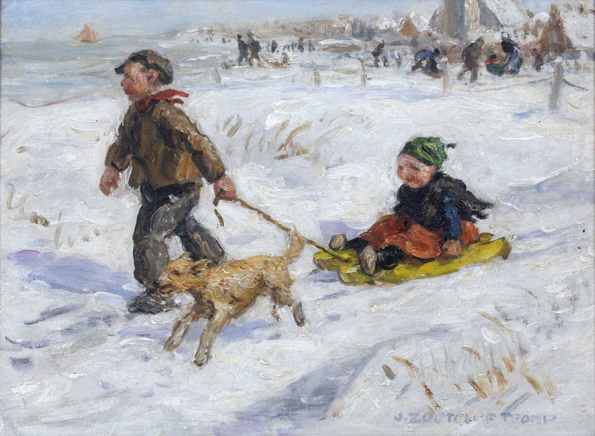 Jan Zoetelief Tromp (1872-1947) 'Children sledging with a dog', oil on canvas, signed lower right,