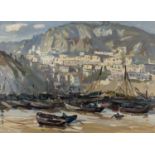 20th Century Chinese School 'A port with fishing vessels moored' gouache, signed lower left, 37cm x