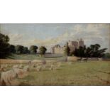 Scottish School Craigmiller Castle, Edinburgh, with haymakers to the foreground, oil on canvas