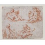 17th/18th Century Flemish School preliminary sketch of three putti and a seated figure, red chalk,