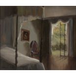 Deborah Jones (1921-2012) 'The garden room', oil on panel, signed lower left, 17cm x 20cm