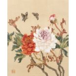Group of three pictures Chinese, all watercolour on silk, depicting butterflies by birds (3)At