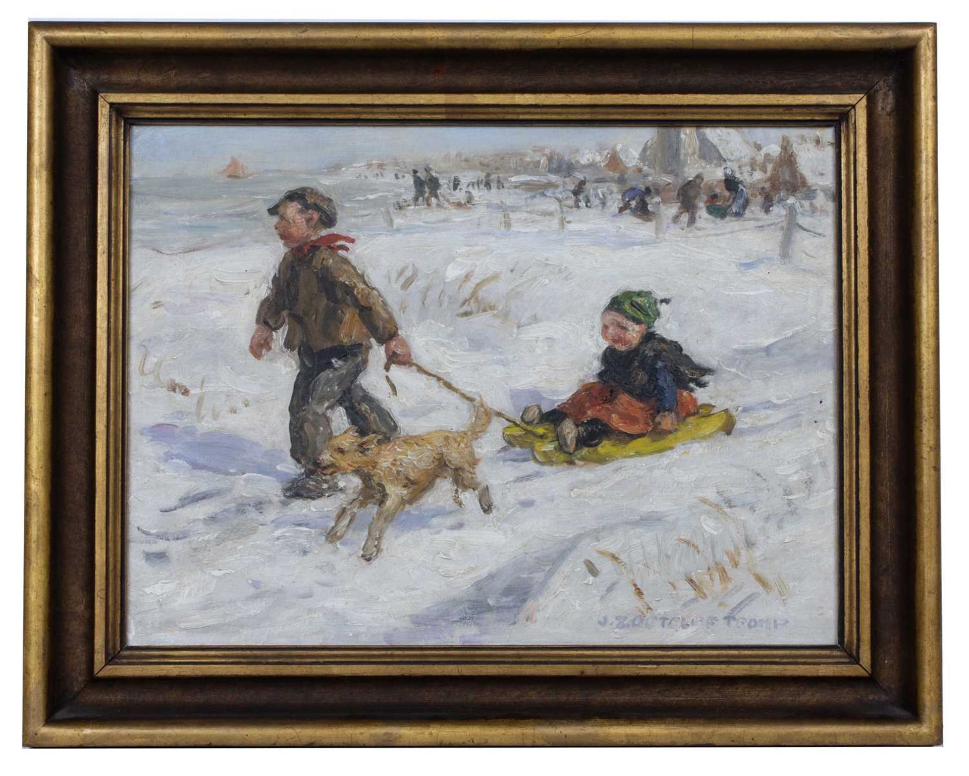 Jan Zoetelief Tromp (1872-1947) 'Children sledging with a dog', oil on canvas, signed lower right, - Image 2 of 3