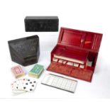 Mudie and Sons games compendium in red leather case with fitted interior, cards etc (incomplete),