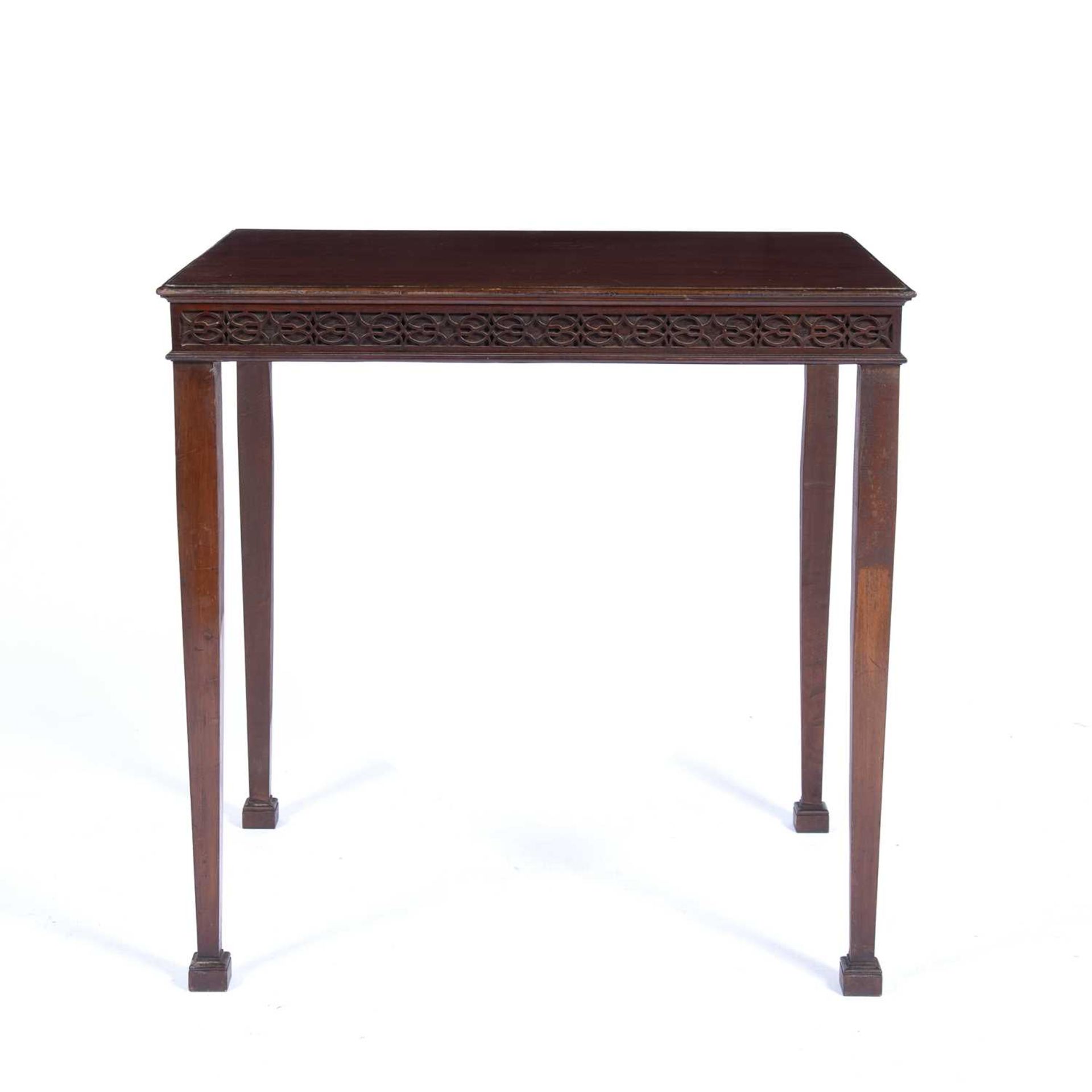 Mahogany blind fret side table Edwardian, in the Chippendale manner, on tapering supports, 71cm wide - Image 4 of 5