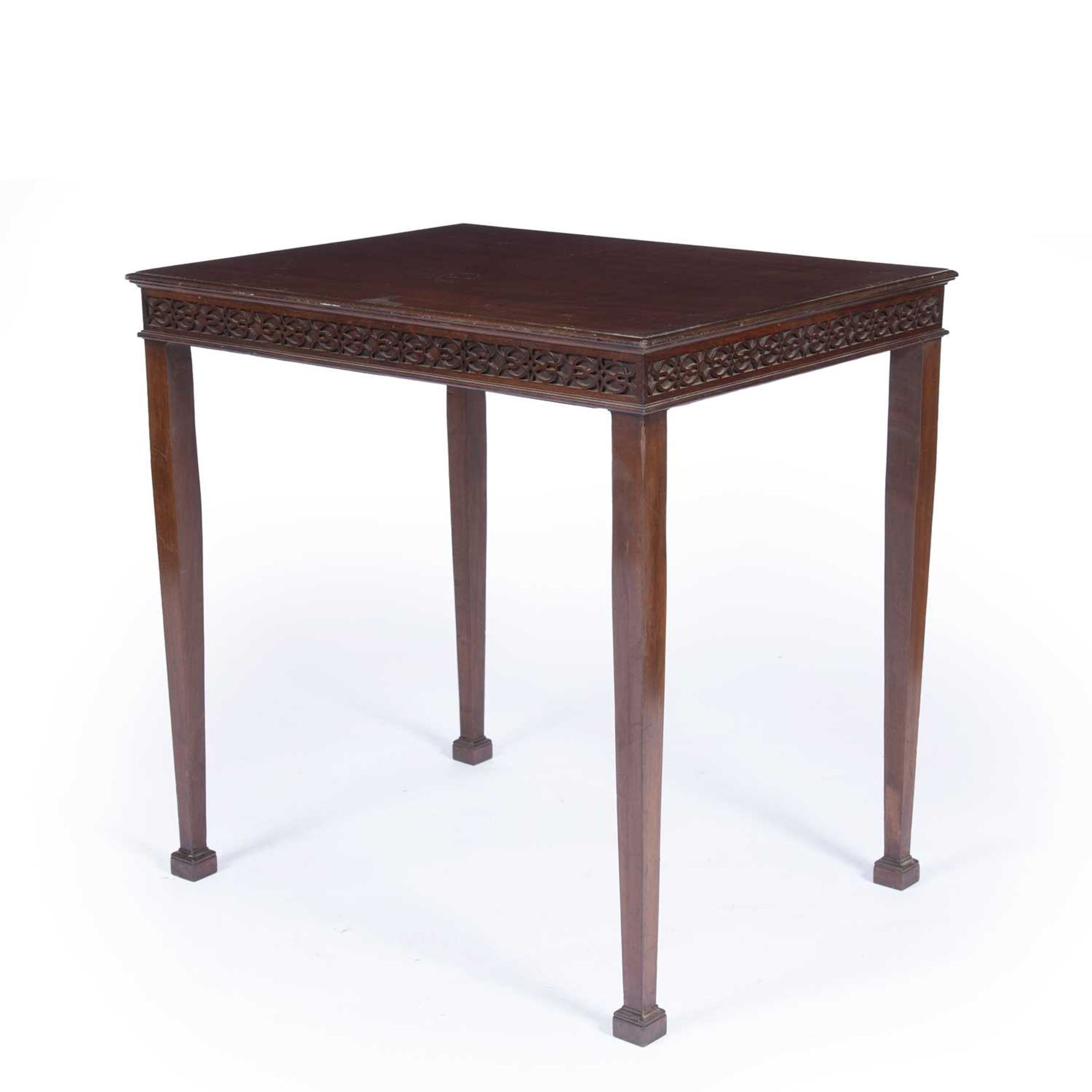 Mahogany blind fret side table Edwardian, in the Chippendale manner, on tapering supports, 71cm wide - Image 3 of 5