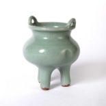 Longquan celadon censer Chinese, supported by three squat feet, with Greek key motif around the neck
