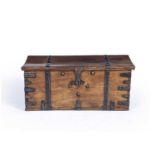 Hardwood chest 20th Century, with banded corners and lid, 80cm x 34cm x 36cmSplits to the top.