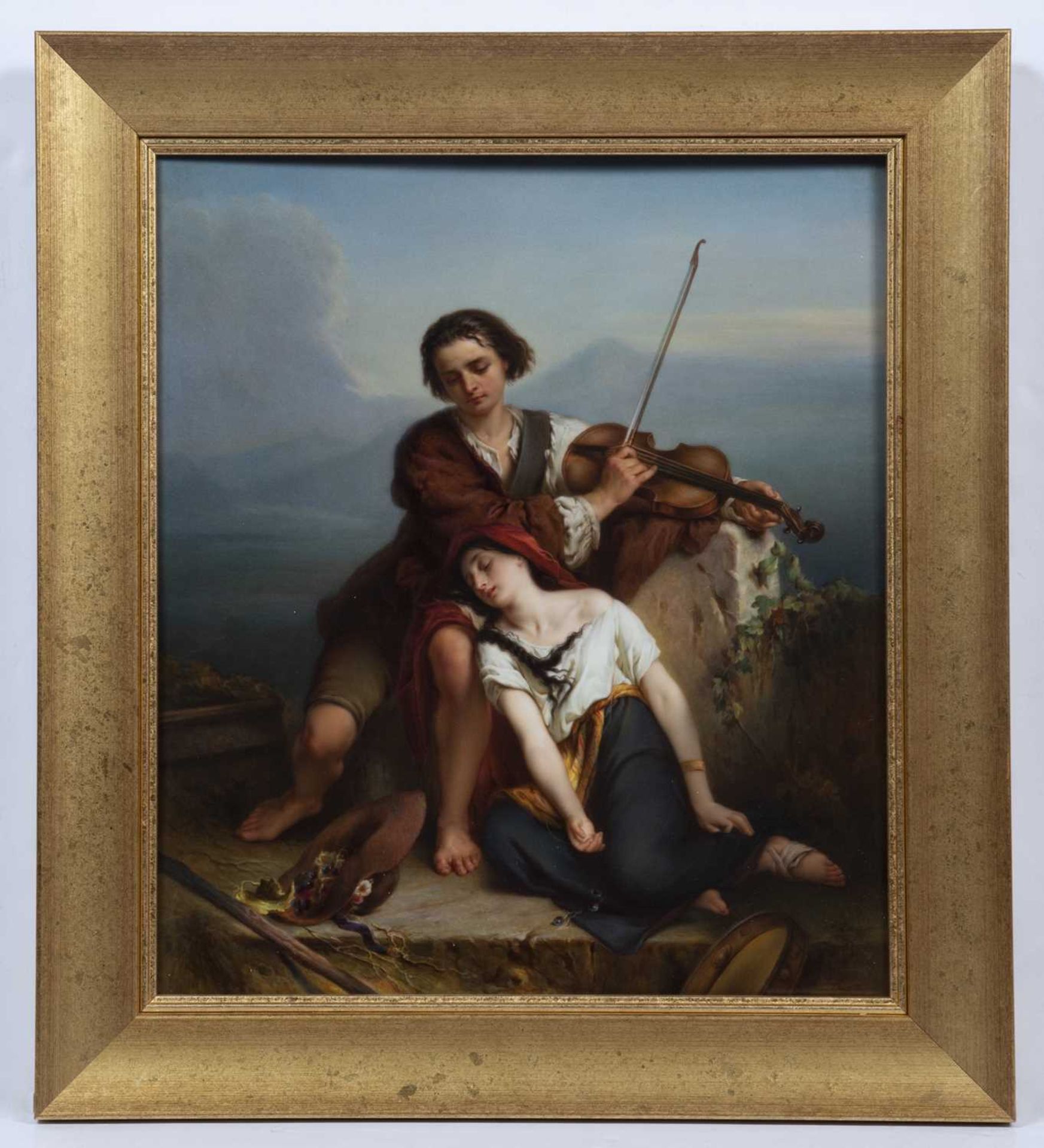 Berlin KPM porcelain plaque 19th Century, 'The Violin Recital' painted with a young man playing a - Image 2 of 6