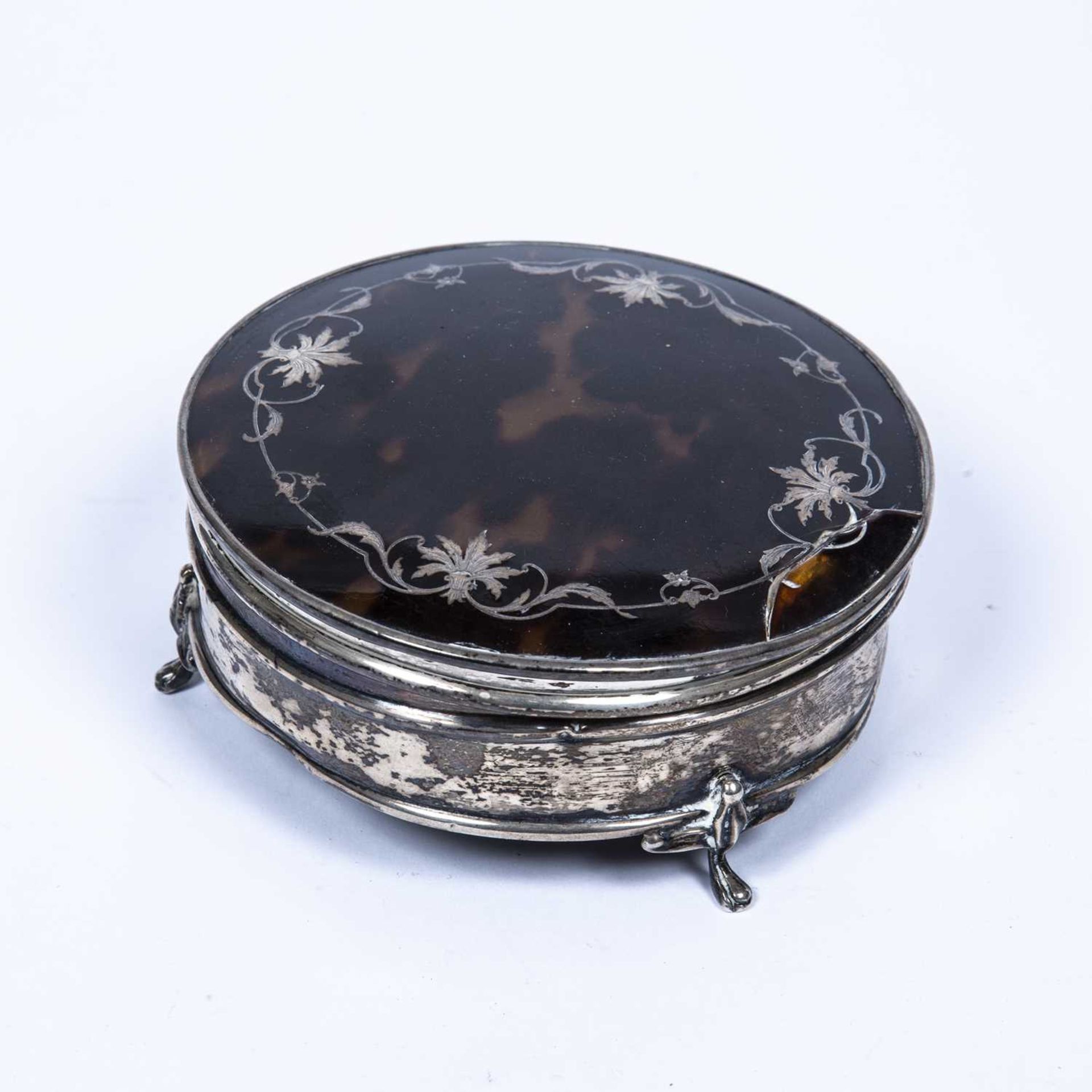 Silver and pique box with circular tortoiseshell inset top, bearing marks for Birmingham, - Image 3 of 6