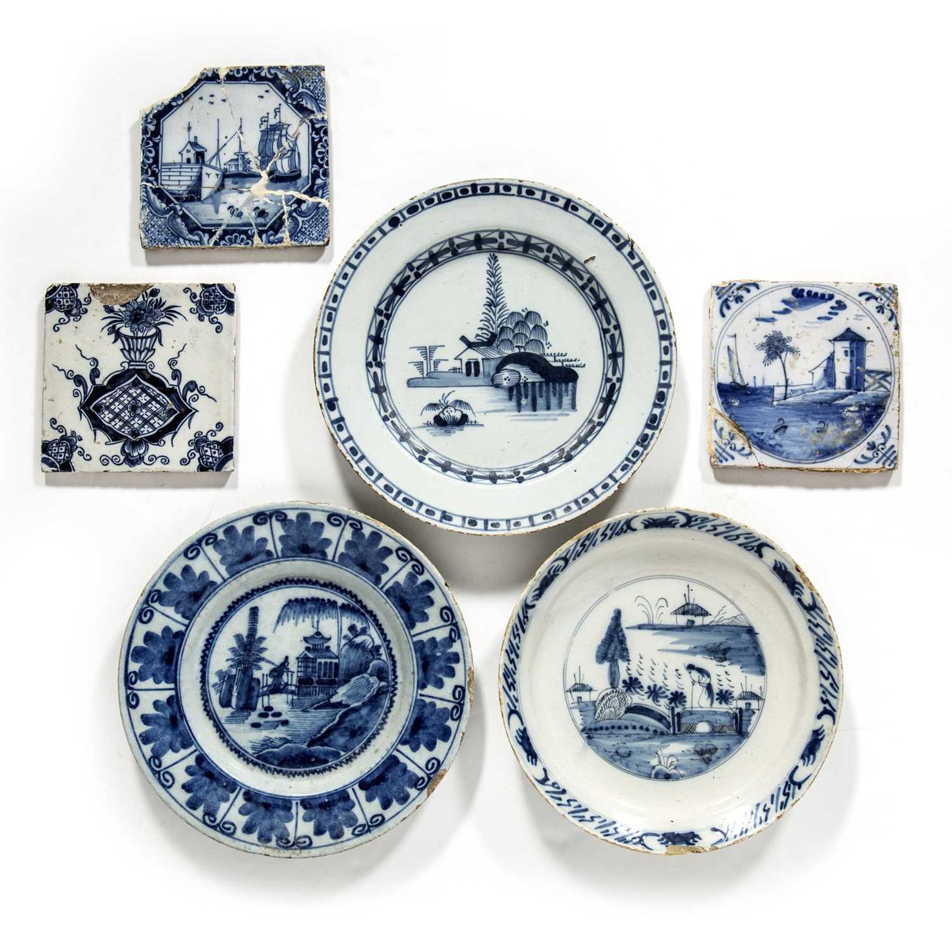 Collection of Delftware consisting of Three Delftware plates, all unmarked with varying