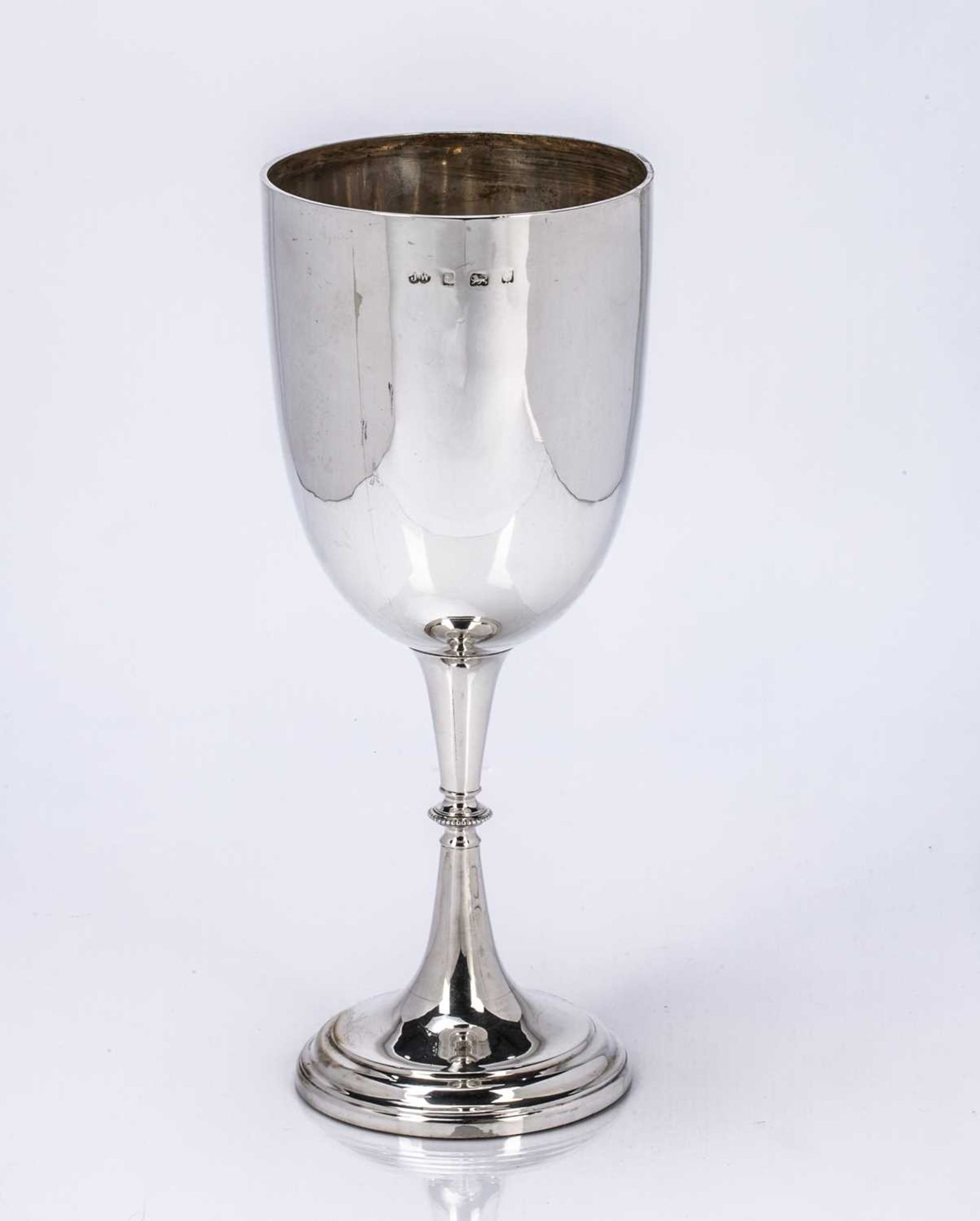 Large silver chalice or trophy cup with knopped stem on circular base, bearing marks for possibly - Image 2 of 2