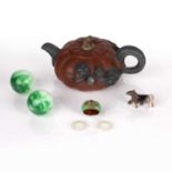Group of objects Chinese including a Yixing teapot with applied leaf decoration to the exterior, a