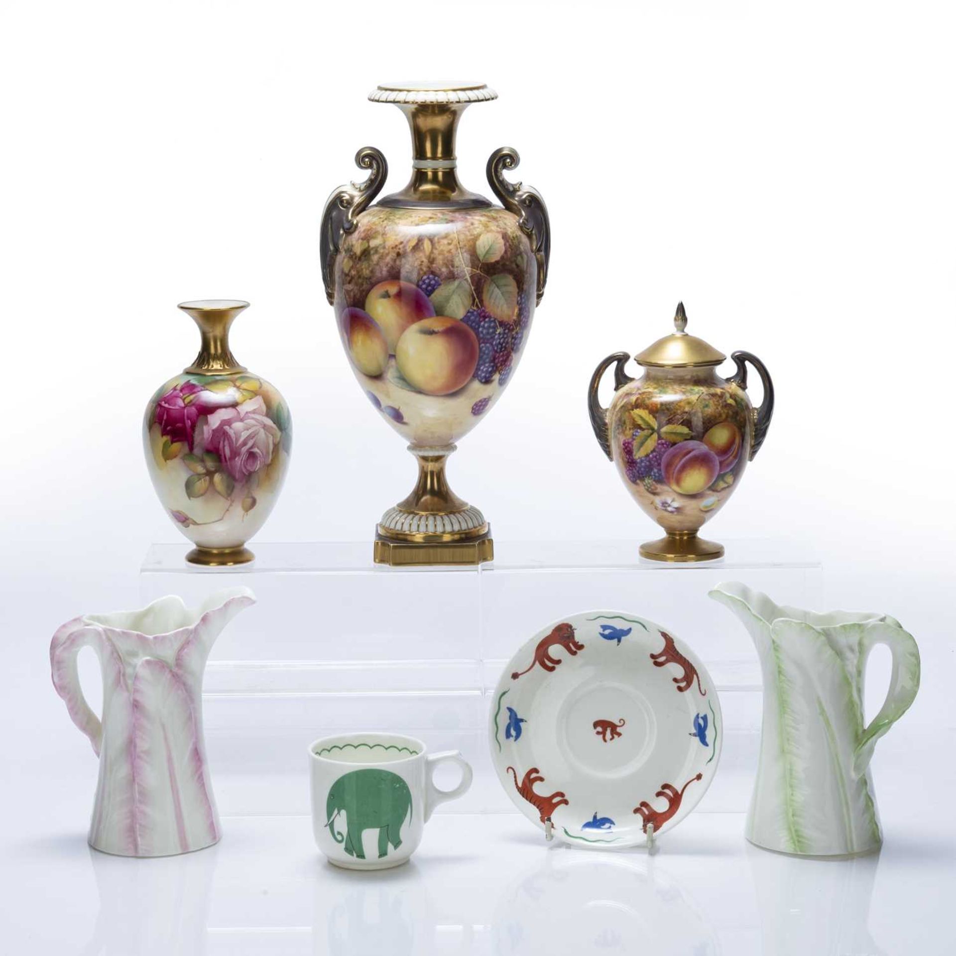 Royal Worcester collection of porcelain consisting of: P. Platt urn vase decorated with fruit,