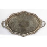 Large silver plated serving tray with twin foliate handles and dedication to the centre 'Presented