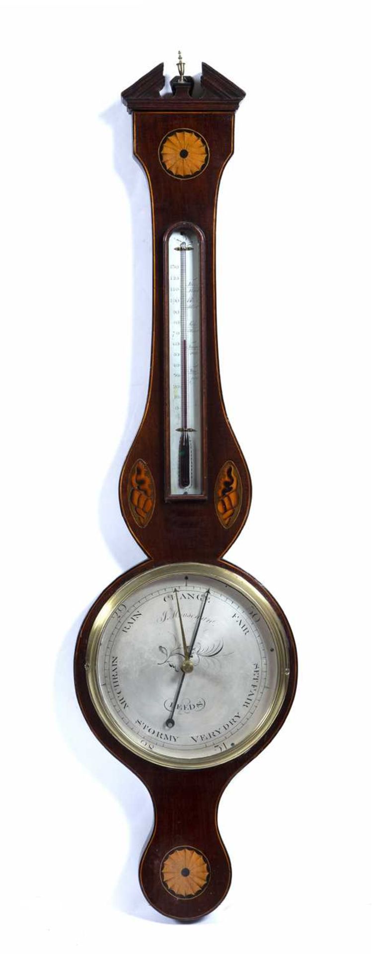 J Houseman of Leeds barometer mahogany cased, with parquetry inlaid decoration, 95cm x 25cmAt