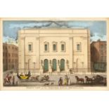 Two antiquarian prints 'Front view of the Theatre Royal, Drury Lane', etching, published by James