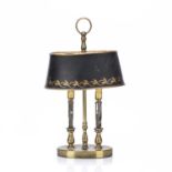 Regency style brass table lamp 20th Century, with toleware shade, stamped 'Leviton', 36cm high