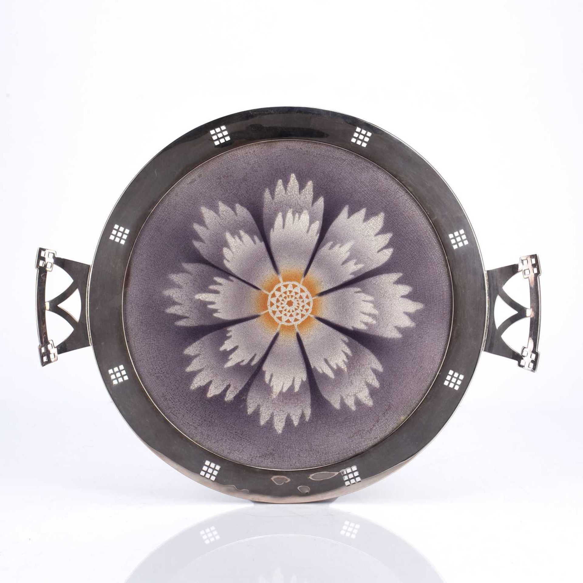 Arts and Crafts Austrian silver plated tray with porcelain inset base decorated with a flower,