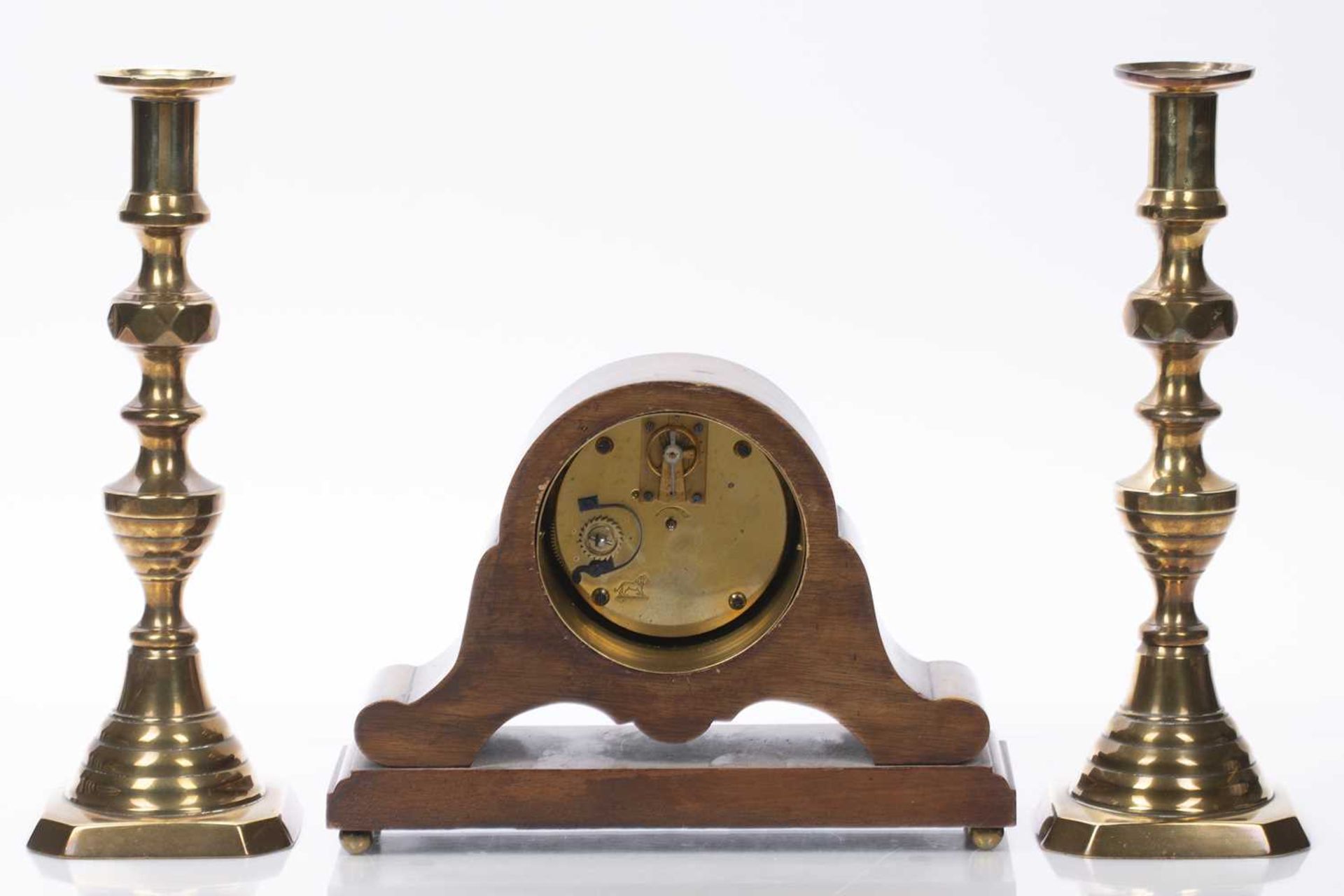 Lashmore of Oswestry walnut mantel clock with marquetry decoration, 17cm high and a pair of brass - Image 2 of 3