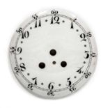 Delft clock face painted with Arabic numerals with three drilled key holes, unmarked, 24cm
