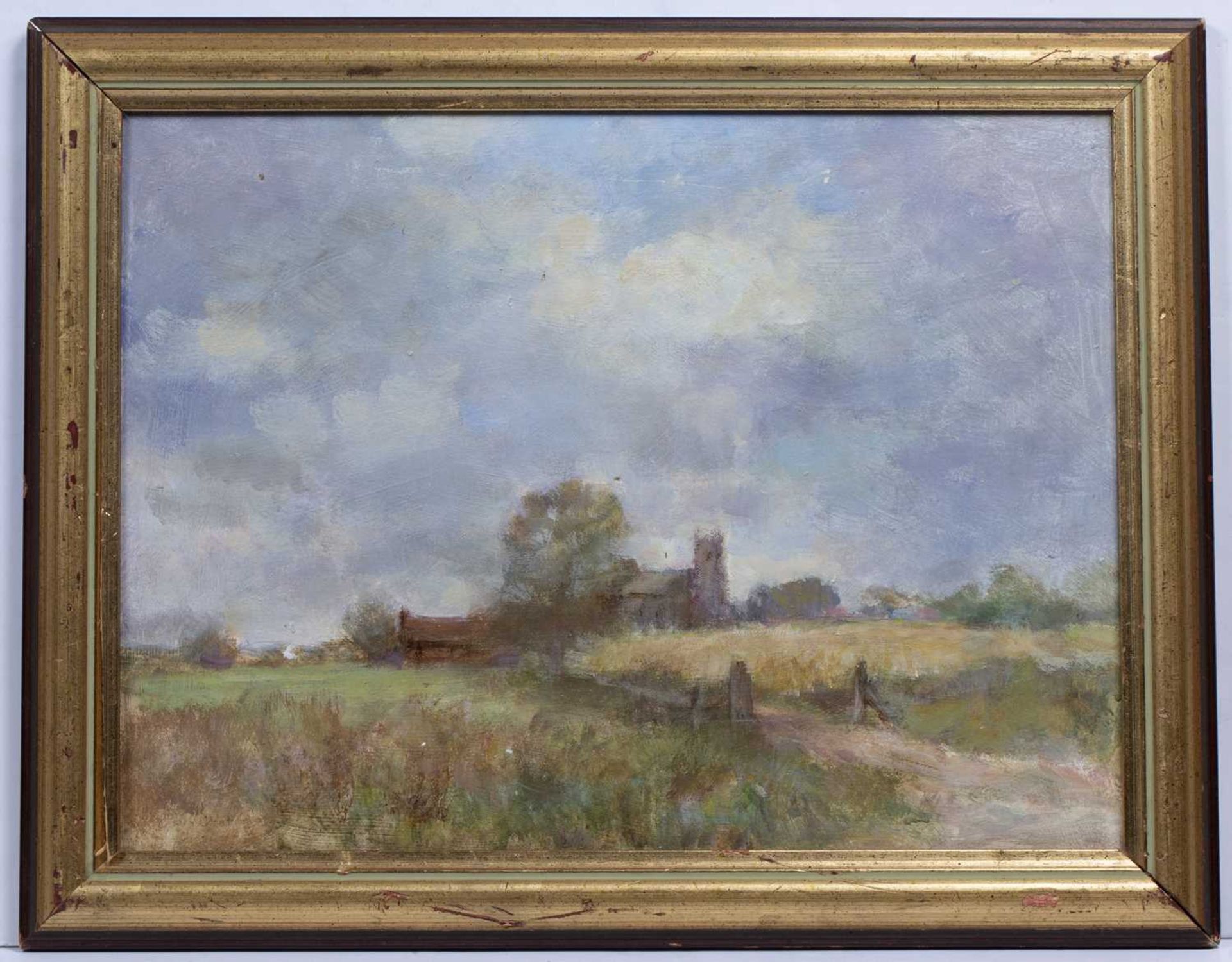 Owen Waters (1916-2004) Norfolk scene with a church, oil on board, signed, 30cm x 40cmSome light - Image 2 of 3