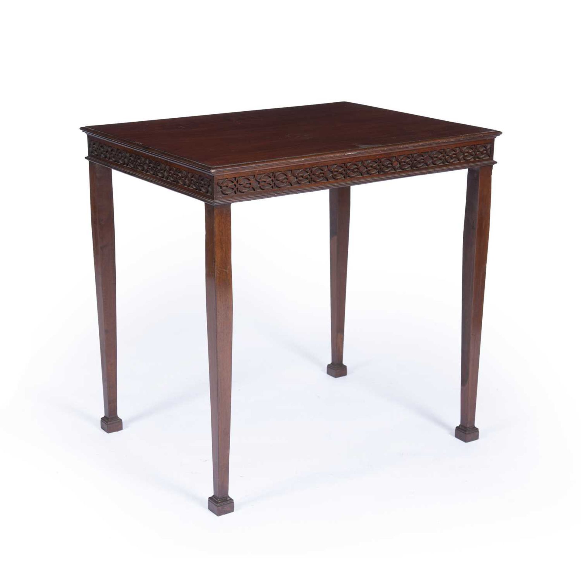 Mahogany blind fret side table Edwardian, in the Chippendale manner, on tapering supports, 71cm wide - Image 2 of 5