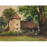 West (20th Century) Study of a church by a large tree, watercolour, signed and dated to the lower