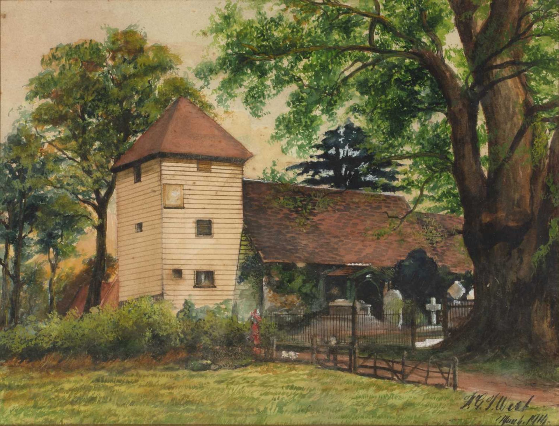 West (20th Century) Study of a church by a large tree, watercolour, signed and dated to the lower