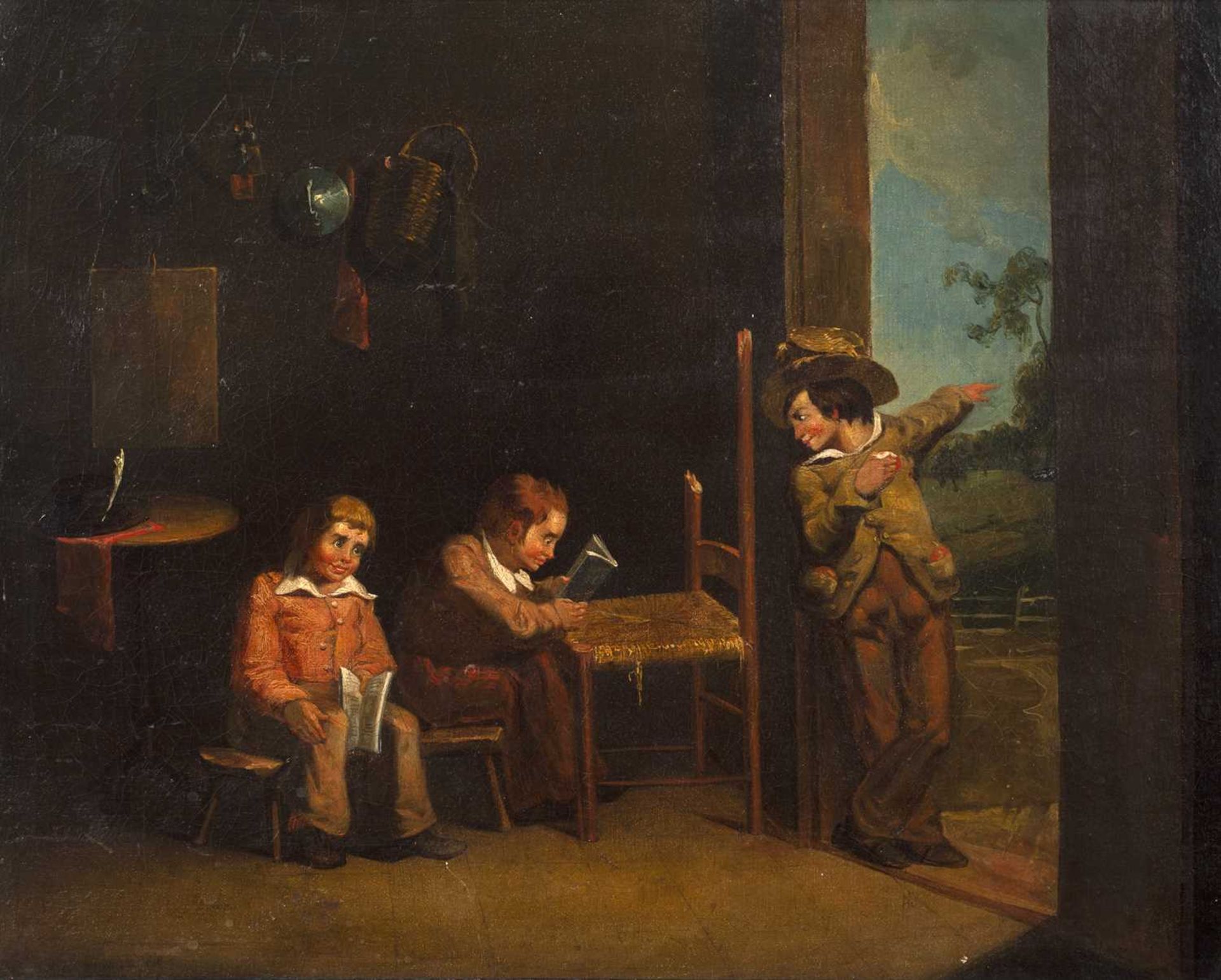 After David Wilkie (1785-1841) 'Untitled study of three young men' oil, signed lower left, 39cm x
