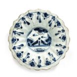 Delft pottery lobed dish possibly Brislington, with central painted panel, unmarked, 21cm