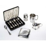 Collection of silver and silver plated ware consisting of: a cased set of six silver-plated