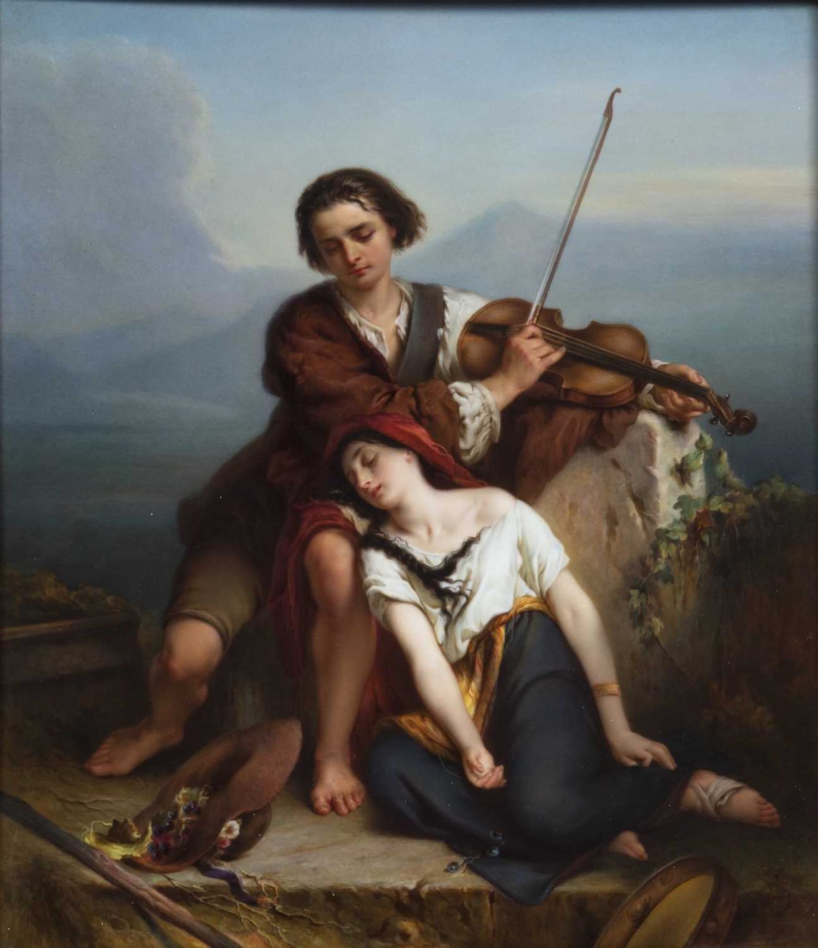 Berlin KPM porcelain plaque 19th Century, 'The Violin Recital' painted with a young man playing a