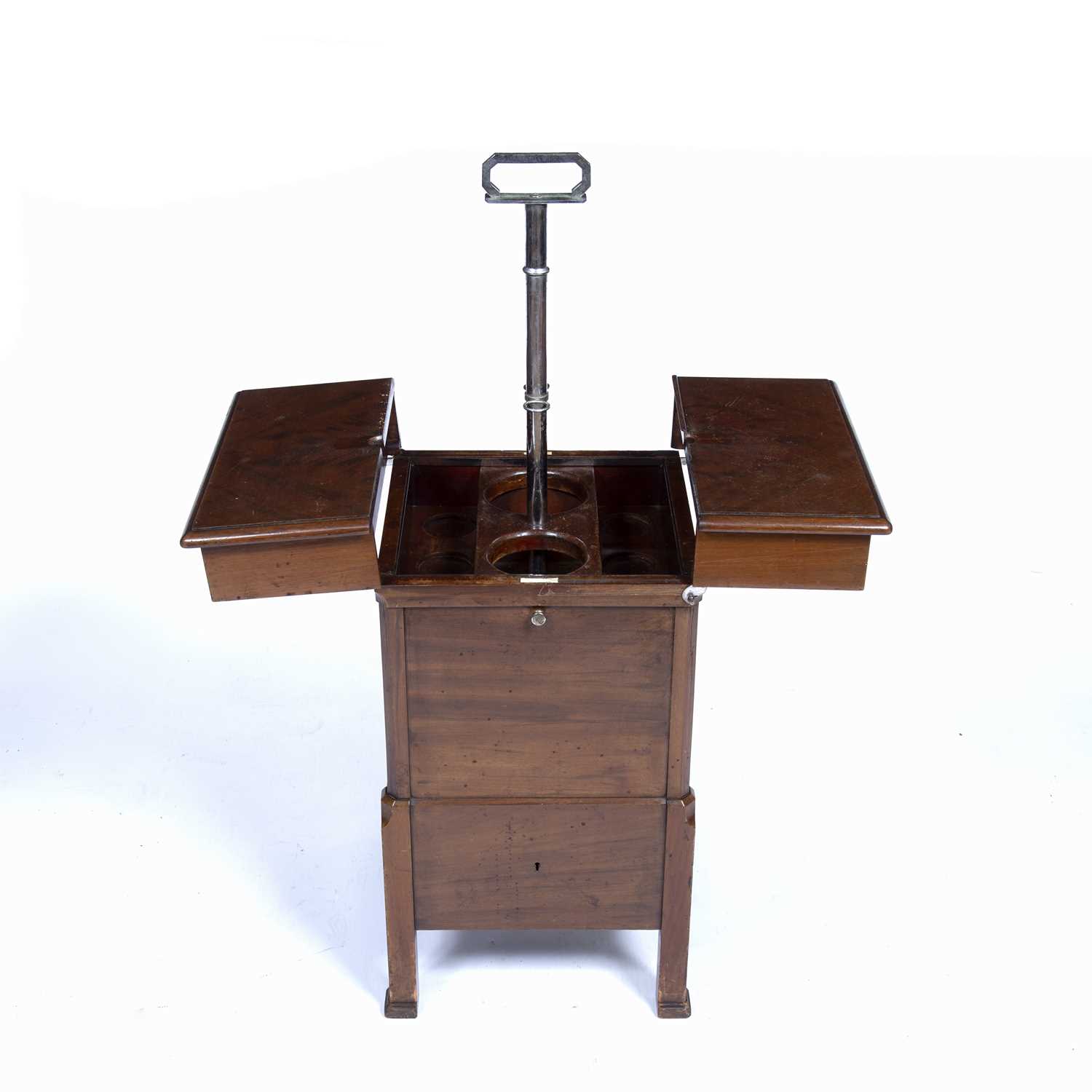 Asprey mahogany 'Elevette' rising drinks table 20th Century, with a central rising tantalus to the - Image 5 of 8