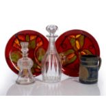 Group of pieces to include two Poole Aegean pattern plates, 25cm diameter, two glass decanters,