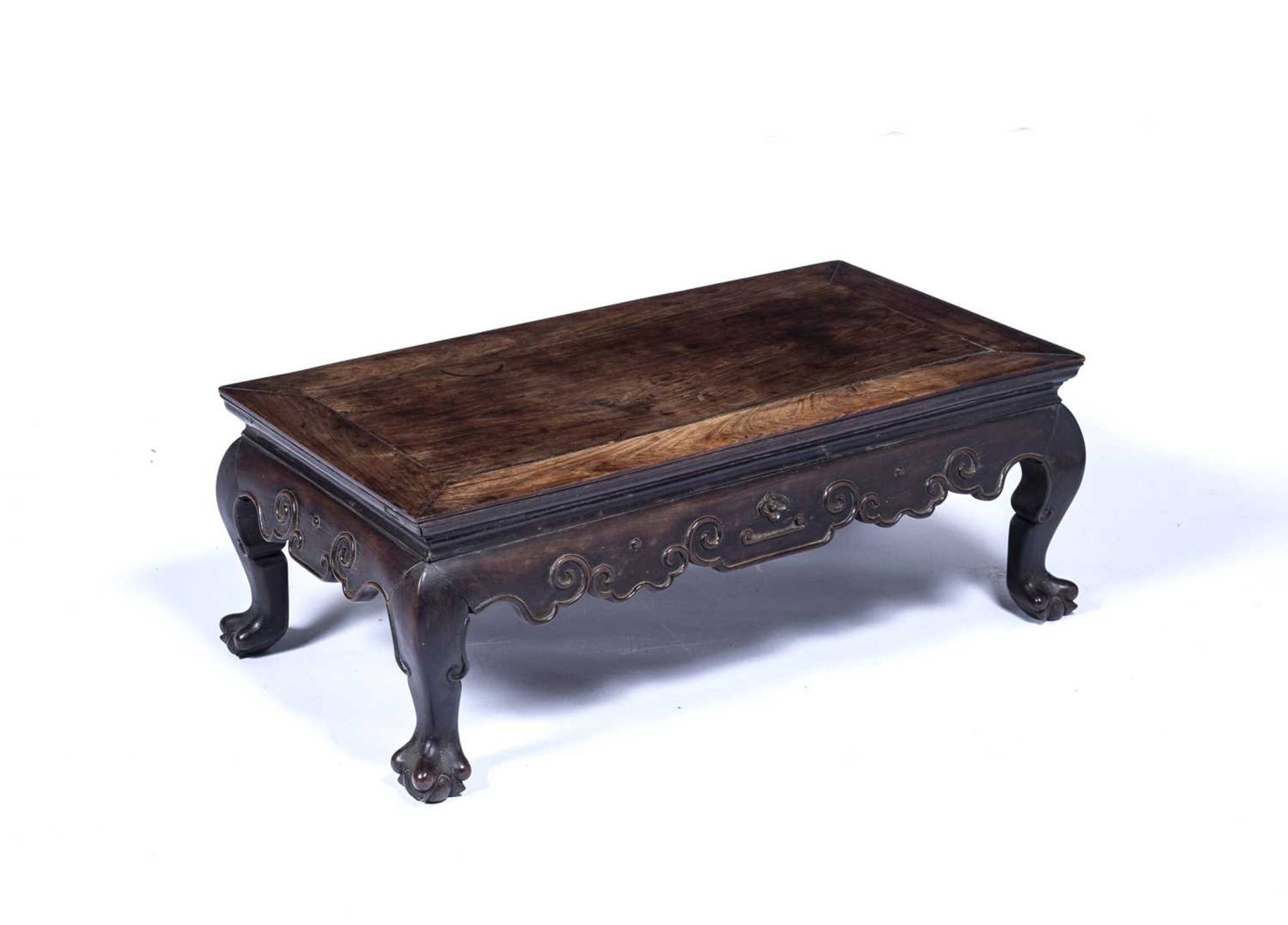 Hardwood carved 'Kang' table Chinese, with a carved under tier with cloud-shaped motifs, 76cm across - Image 2 of 5