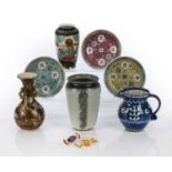 Collection of ceramics and glass comprising of Bideford pottery slipware jug, signed to the base,