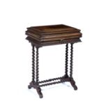 Rosewood work table 19th Century, with fitted interior, on barley twist supports, 53cm x 76cm x