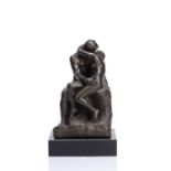 After Auguste Rodin (1840-1917) 'The Kiss' bronzed resin sculpture on painted black base, bears