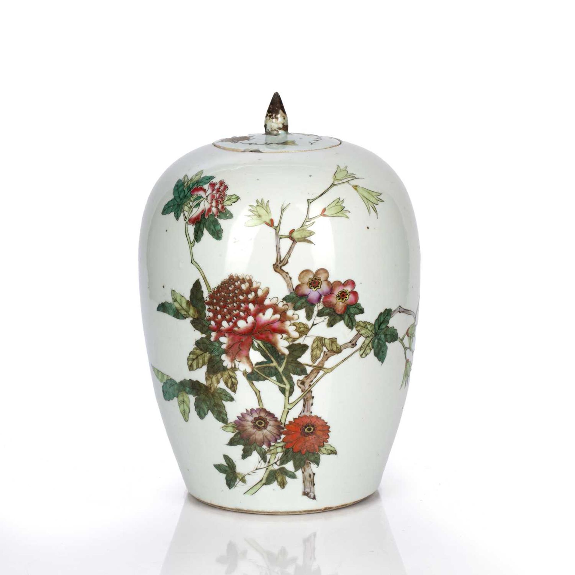 Porcelain jar and cover Chinese, circa 1900, decorated with enamel painted flowers and script to the