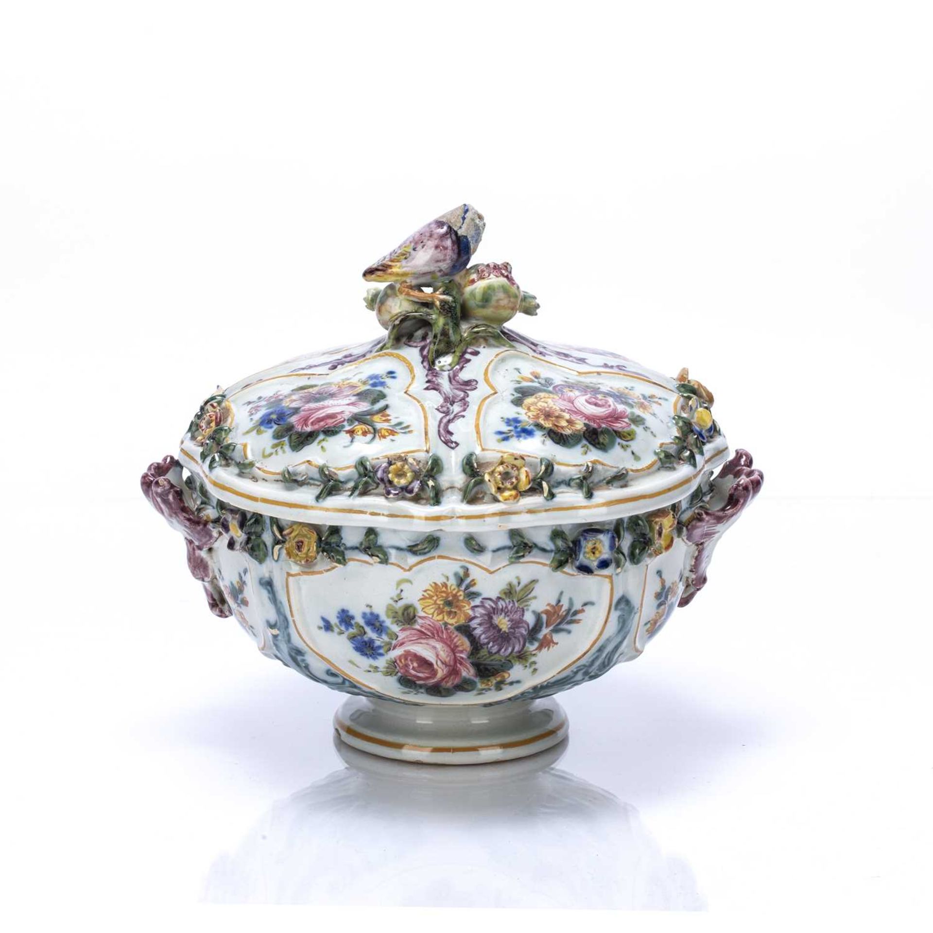 Nove faience bowl and cover Italian, 19th Century, decorated with encrusted flowers around the rim - Image 2 of 3