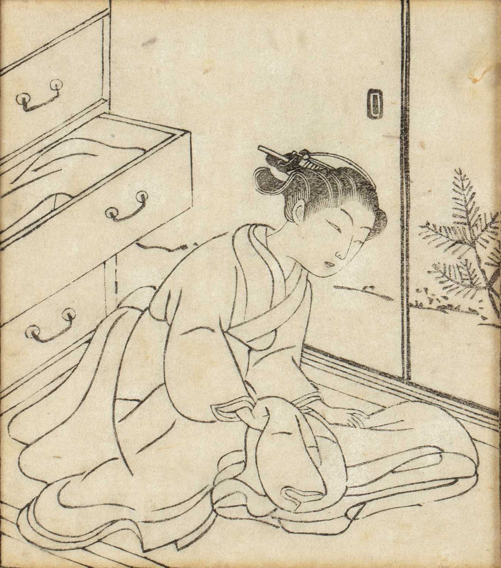 Suzuki Harunobu (1725-1770) 'Untitled print of Harunobu' Japanese woodblock ink proof, unsigned, 9cm - Image 2 of 4