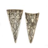 Two bone scrimshaws/pendants of triangular form, incised with stylised snakes, insects and